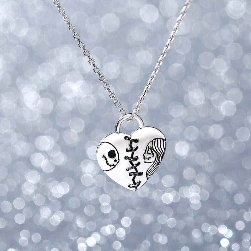 Jeulia "Magic of Love" Skull Couple Sterling Silver Necklace Chirstmas Heart Pendant Necklace Skellington Halloween Jewelry Romantic Jewelry Gift