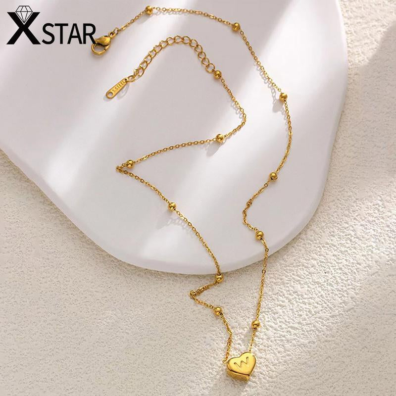 Xstar Initial Letter Heart Pendant Necklace - Elegant Stainless Steel