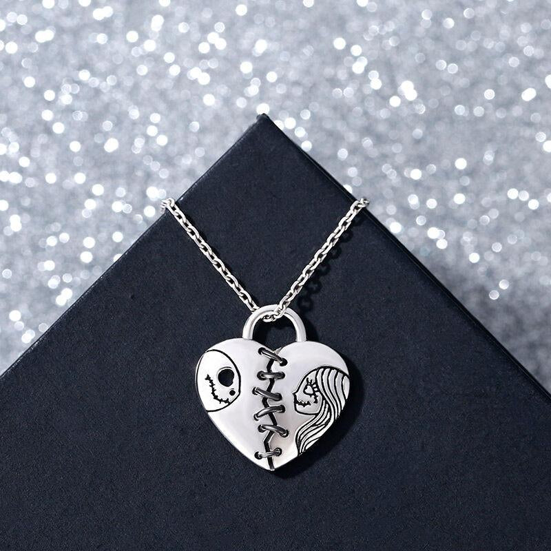 Jeulia "Magic of Love" Skull Couple Sterling Silver Necklace Chirstmas Heart Pendant Necklace Skellington Halloween Jewelry Romantic Jewelry Gift