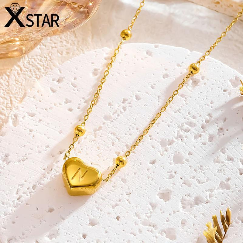 Xstar Initial Letter Heart Pendant Necklace - Elegant Stainless Steel