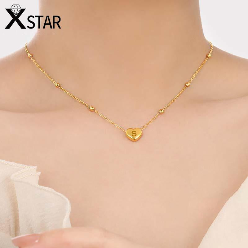 Xstar Initial Letter Heart Pendant Necklace - Elegant Stainless Steel