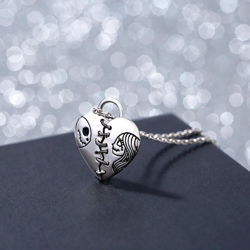 Jeulia "Magic of Love" Skull Couple Sterling Silver Necklace Chirstmas Heart Pendant Necklace Skellington Halloween Jewelry Romantic Jewelry Gift